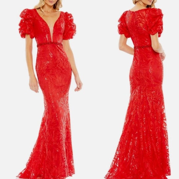 MAC DUGGAL Embellished Puff Sleeve Plunge Neck Trumpet Gown NWT Red Size 6 - Picture 1 of 6